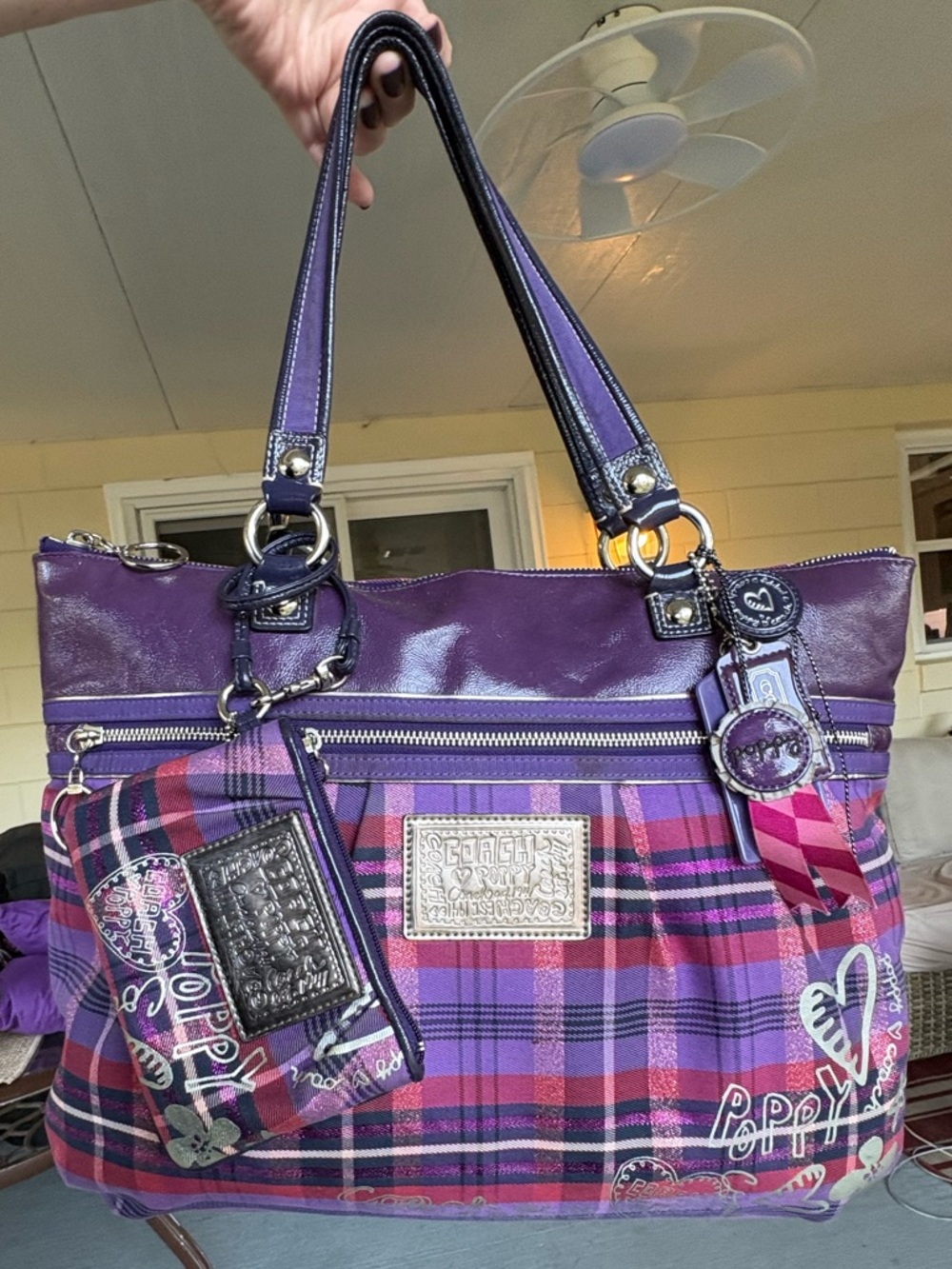 Coach Poppy Tartan Plaid Glam Tote + Wristlet (Purple/Pink) 15886 - Picture 3 of 17